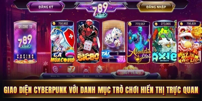 Giao diện Cyberpunk với danh mục trò chơi hiển thị trực quan